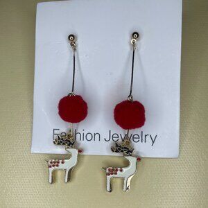 Festive Reindeer Dangle Earrings with Red Pom-Poms